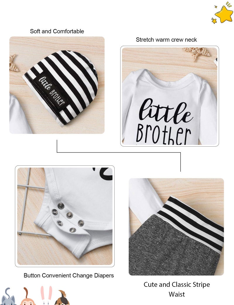 Fommy Baby Boy Clothes 0-3 Months Little Brother Newborn outfit Long Sleeve Romper+Long Pants+Stripe Hat 3PCS Baby Boy Outfits Set 0-3 Months - Image 4
